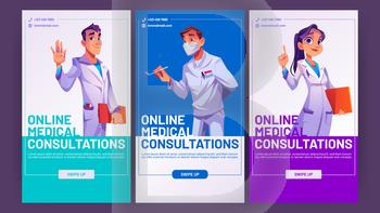 Online medical consultations banners with doctors, hospital or clinic professional staff. Vector social media template of telemedicine, digital service for health consult and diagnosis. Online medical consultations banners with doctors