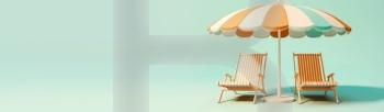Umbrella and deck chairs on turquoise backdrop. Summer vacation background. Created with generative Ai technology.