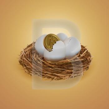 Crypto Coins Cracked From Chicken Eggs In A Bird’s Nest 3D, Render, illustration