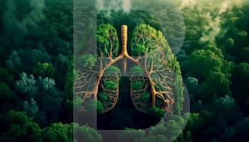 Leaves and branches in form of human lungs with forest on backdrop. Forest as lungs of planet concept. Generative AI.. Leaves and branches in form of human lungs with forest on backdrop. Forest as lungs of planet concept. Generative AI