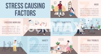 Stress causing factors flat color vector informational infographic template. Panic poster, booklet, PPT page concept design with cartoon characters. Advertising flyer, leaflet, info banner idea. Stress causing factors flat color vector informational infographic template
