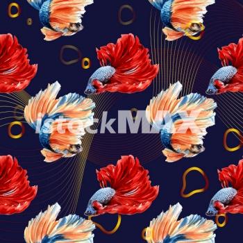 Pattern template with Siames fighting fish concept design watercolor vector illustration
