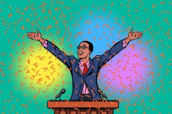 Politician candidate african speaker triumph victory. Comic cartoon pop art retro vector illustration drawing. Politician candidate african speaker triumph victory