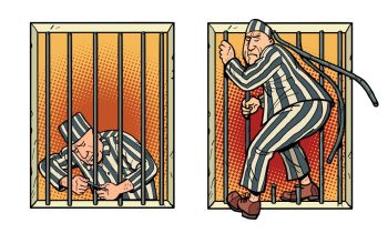 A prisoner escapes from prison. Jailbreak. Comic cartoon pop art retro illustration hand drawing. A prisoner escapes from prison. Jailbreak