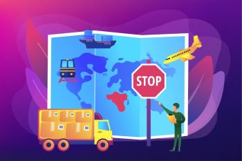 Banned products transportation, smuggling. Embargo regulation, sanctions goods, limited importation exportation of goods concept. Bright vibrant violet vector isolated illustration