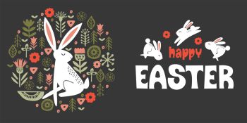 happy Easter. Cute white rabbits and a hare in a circular pattern of spring flowers. On dark background. Vector illustration. Hand drawn text.. happy Easter. Cute white rabbits and a hare in a circular pattern of spring flowers. On dark background. Vector illustration.