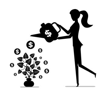 Gaining money concept, woman watering indoor plant silhouette vector. Dollar sign and indoor greenery, easy income or profit isolated female character. Black color on white background. Woman Watering Money Plant, Gaining Money Concept