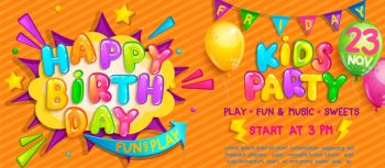 Invitation for kids party on birthday with welcome flags, balloons and burst with wishing happy birthday. Design template for celebration.Great for invitation flyers,posters,cards.Vector illustration.. Invitation for kids party on birthday.