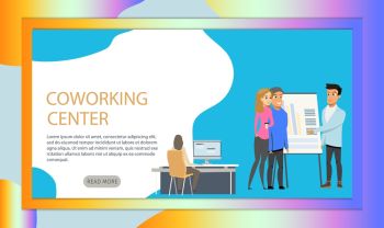 Freelance Business Team at Coworking Space Banner. Male Character Standing near Flip Board Making Presentation in Shared Workplace. Woman Working by Computer. Flat Cartoon Vector Illustration. Freelance Business Team at Coworking Space Banner