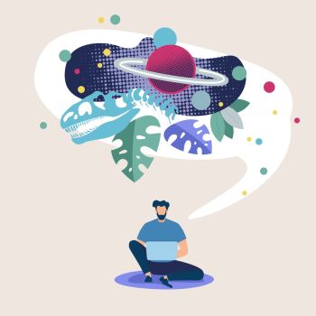 Advertising Poster Space Exploration Online Flat. Conceptual Idea Place Man in Universe. Man Sits on Floor with Netbook and Reflects on Space and Celestial Bodies. Vector Illustration.