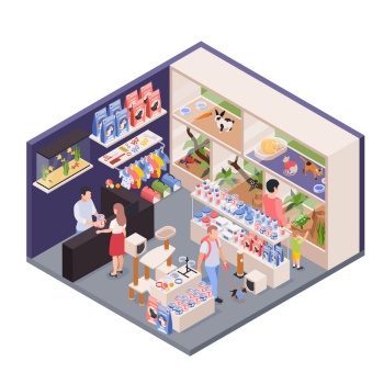 Exotic pet shop assistant behind counter isometric interior view with animals enclosures food accessories customers vector illustration