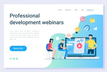Professional development webinars, electronic library. Online education technology, communication with laptop, business teaching, learning vector. Webpage or website template, landing page flat style. Business Education, Development Webinars Vector