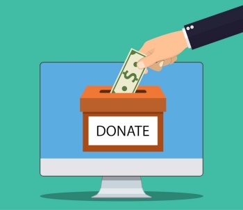Donate online concept. Hand putting money bill in to the donation box. Vector illustration in flat style. Donate online concept.
