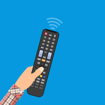 Human hand with black modern remote TV Control. Vector illustration in flat style. Human hand with black modern remote TV Control