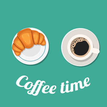 Coffee break time with croissant, Coffee and croissant top view. Vector illustration in flat style. Coffee break time with croissant,