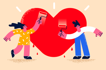 Happy couple paint red heart on wall demonstrate love and affection in relationship. Smiling man and woman lover show feelings to public. Relations goal. Family and marriage. Vector illustration. . Happy couple draw heart on wall show love