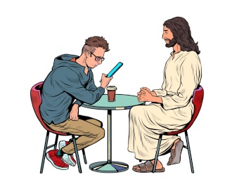 Jesus is waiting for you, savior and busy man at the table. Christianity and religion, preaching and faith. Pop art retro vector illustration kitsch vintage 50s 60s style. Jesus is waiting for you, savior and busy man at the table. Christianity and religion, preaching and faith