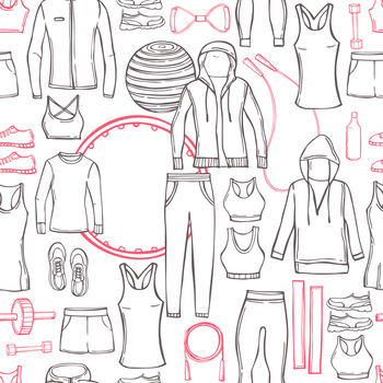 Hand drawn women&rsquo;s clothes for sports and fitness. Sport style shirts, pants, jackets, tops, shorts. Vector  seamless pattern. . Clothes for sports and fitness.  Vector pattern.