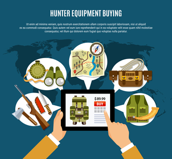 Hunter equipment composition with uniform rifle and map flat vector illustration. Hunter Equipment Composition