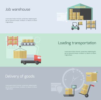 Warehouse horizontal banner set with transportation delivery and logistic elements flat isolated vector illustration. Warehouse Flat Banner Set