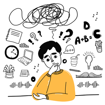 large set of line drawings about thoughts and tasks. Pensive man, thoughts and formulas, books, study, laptop. Vector illustration in hand drawn doodle style, outline. Podcast, hobby, study concept