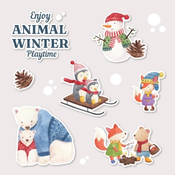 Sticker with animal enjoy winter concept,watercolor style