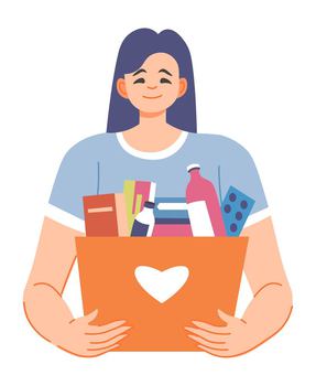 Female character donating food and medicine, isolated woman with bag of products and items for healthcare. Charity and assistance, care for people in need. Kindness and help. Vector in flat style. Volunteer with bag of medicine and food donation