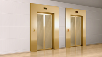 Golden elevator with glass doors in hallway perspective view. Vector realistic empty modern office or hotel lobby interior with luxury lift, panel with buttons and floor display on wall. Golden elevator with glass doors in hallway