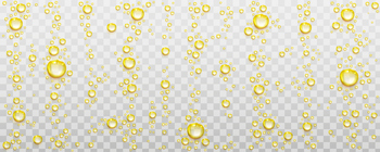 Yellow fizz air bubbles, champagne, soda drink or mineral water abstract dynamic effervescence motion isolated on transparent background. Underwater fizzing, pop beverage, Realistic 3d vector template. Yellow fizz air bubbles, champagne, soda drink