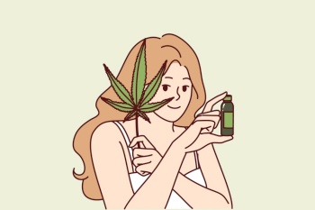 Woman uses hemp oil for skin care and fighting acne or wrinkles on face and holds marijuana leaf in hand. Girl recommends hemp cosmetic product for anti-aging, concept of weed for medical purposes. Woman uses hemp oil for skin care and fighting acne or wrinkles on face and holds marijuana leaf