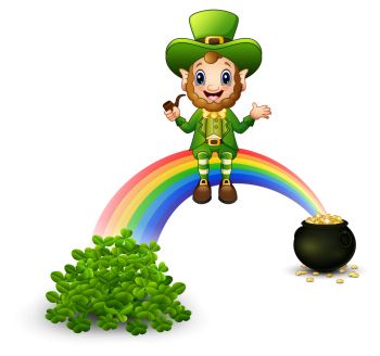 Cartoon leprechaun sitting on the rainbow with Pot full of golden coins and clovers