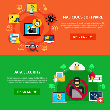 Hacking flat horizontal banners set with malicious software and data security decorative icons cartoon vector illustration. Hacking Flat Horizontal Banners