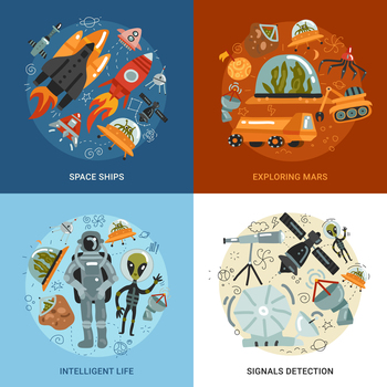 Space exploration 2x2 design concept with flying to mars detection of signals and intelligence life square icons flat vector illustration  . Space Exploration 2x2 Design Concept