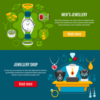 Set of horizontal banners with mens jewelry and showcase of shop with female decorations isolated vector illustration  . Mens Jewelry Horizontal Banners