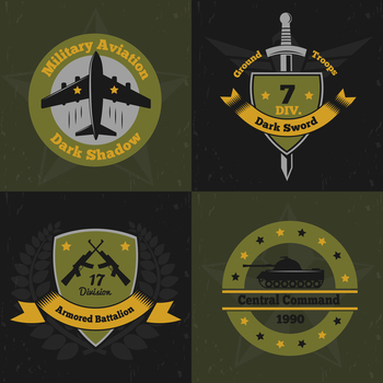 Military emblems color 2x2 design concept with flat colourful emblems of war service insignia with weapons vector illustration. Military Ensign Design Concept