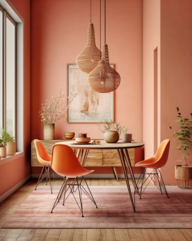 Orange chairs at the wooden table, against window. Interior design of modern living room with pink walls. Created with generative AI technology.