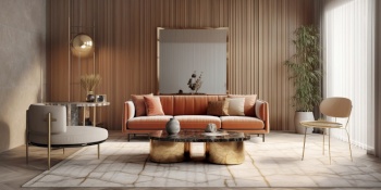Orange sofa, gray armchair and stone coffee table against of beige wall. Interior design of modern living room. Created with generative AI technology.