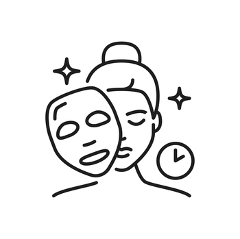 Facial mask icon, face skin care and beauty cosmetics, vector instruction line pictogram. Woman skincare and face treatment facial mask icon with clock for anti aging and moisturizing face mask pack. Facial mask icon, face skin care, beauty cosmetic