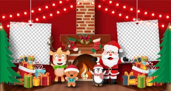 Paper art, Craft style of Christmas party with Santa Claus and friends in home with hanging blank photo, Merry Christmas and Happy New Year