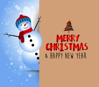 Snowman with big signboard. Merry Christmas calligraphy lettering design. Creative typography for holiday greeting