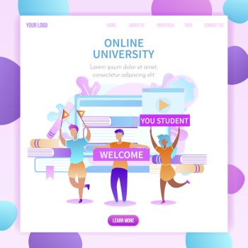 Welcome You Student Square Banner. Happy Cartoon Group of Students Meet New Scholars with Banners and Flags to Online University. Textbooks, Leaves, Cogwheels, App Background. Flat Vector Illustration. Welcome You Student Square Banner. Happy People