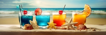 Glasses with different cocktails on the beach. Summer vacation concept. Created with generative Ai technology.