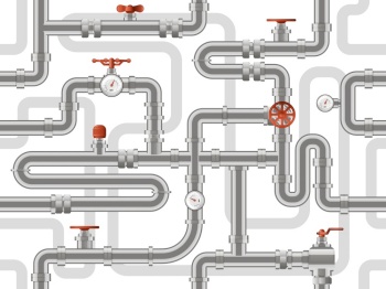 Water pipes system. Metal pipelines construction pattern, industry pipes with counters valves, pipelines construction vector background. Pattern sewerage construction, pipeline plumbing illustration. Water pipes system. Metal pipelines construction pattern, industry pipes with counters and valves, pipelines construction vector background
