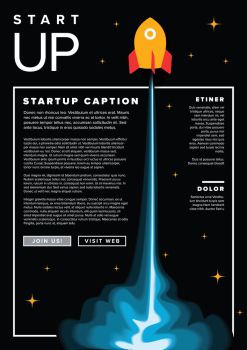 Paper cut startup infographic flyer template with space rocket - dark version. Startup infographic flyer template with rocket on black