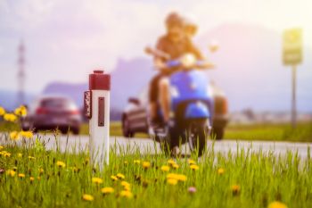 Reflector post and a couple on a motor bike at an idyllic asphalted road in summer, flowers and green grass