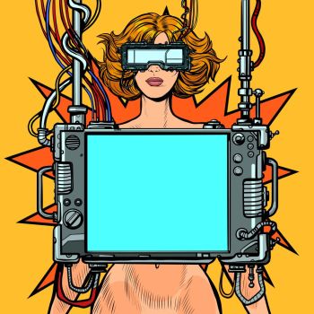 medical research. Cyberpunk naked woman virtual reality concept. Pop art retro vector illustration drawing vintage kitsch. medical research. Cyberpunk naked woman virtual reality concept