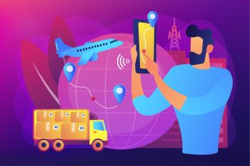 Man check Internet store shipment. Goods worldwide shipping. Smart delivery tracking, track your orders, delivery status online concept. Bright vibrant violet vector isolated illustration