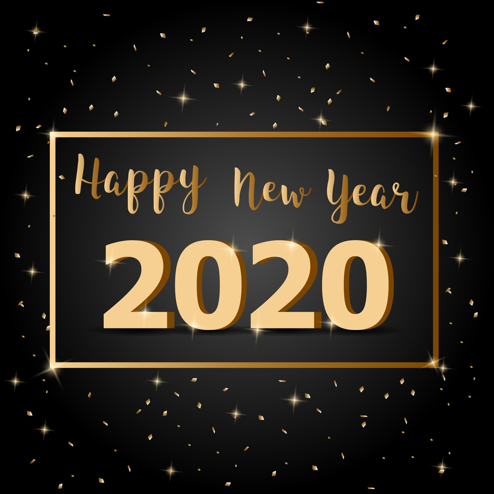 Golden Happy New Year 2020 with dark background, stock vector