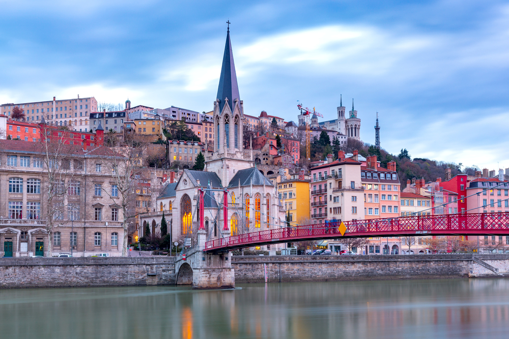 View of the famous bridge of St. George over the river Sona. Lyon France.. Lyon. St. George&rsquo;s Bridge over the River Saona.