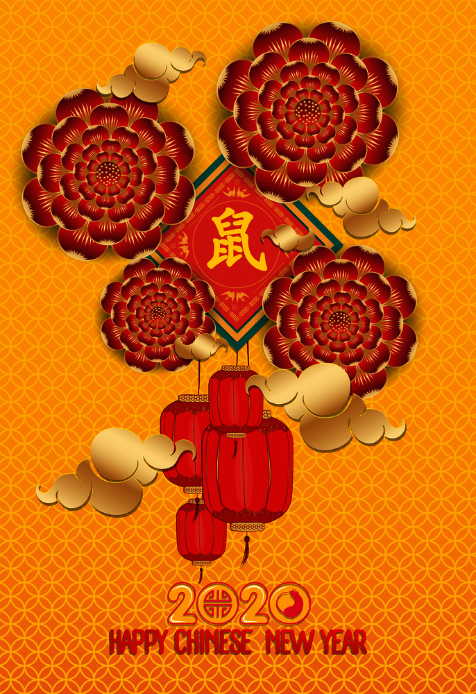 Chinese new year 2020 year of the rat , red and gold paper cut rat character,flower and asian elements with craft style on background. Translation mouse